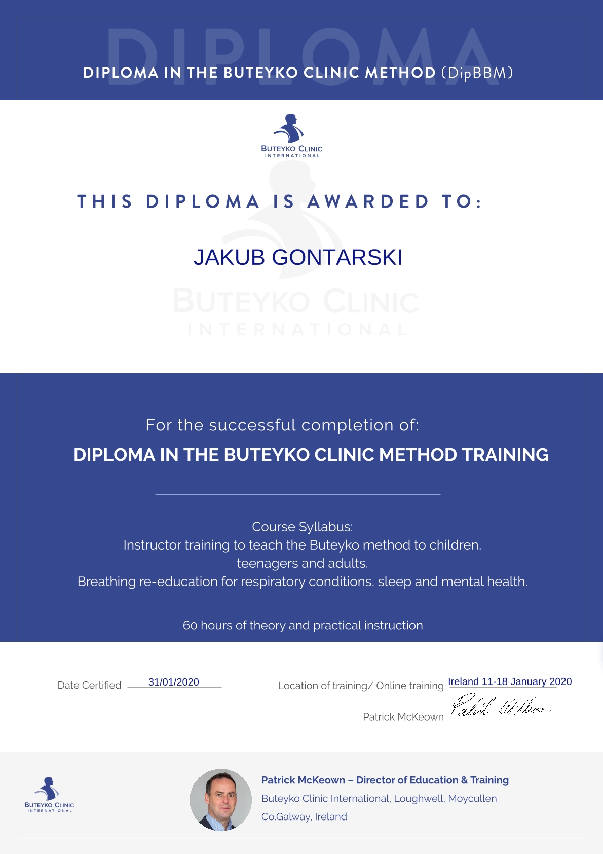 Szkolenie Instruktor oddechowy Buteyko Clinic International Jakub Gontarski